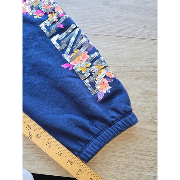 PINK Victoria's Secret Women's Jogger Sweatpants Size L Navy Blue Sequin Floral - Picture 8 of 11